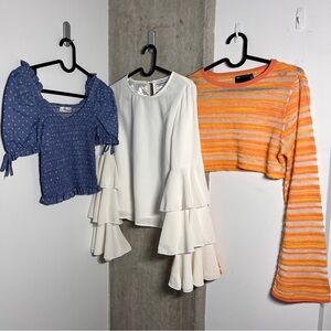 Top Bundle 3/$22•Blue Crop White Puffy Sleeve Tangerine Crop Women’s Blouses
